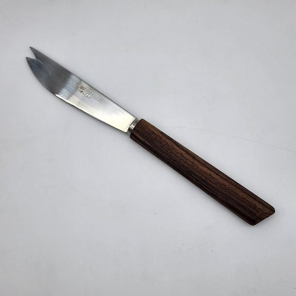 Vintage Teak and Chrome Cheese Tray w/ stylized Fruit Tile Magnetic Knife - Picture 5 of 7